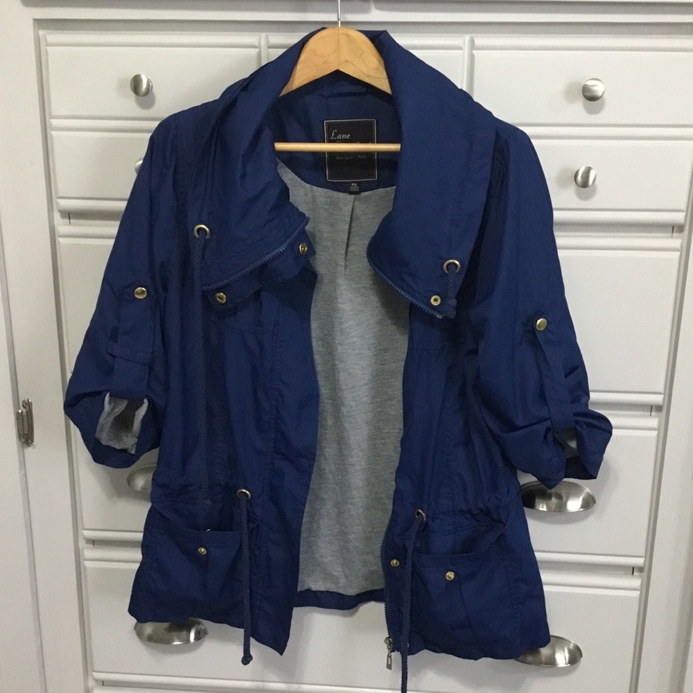 Lane Crawford Full Zip and Hidden Snaps 3/4 Sleeve Navy Blue Jacket S